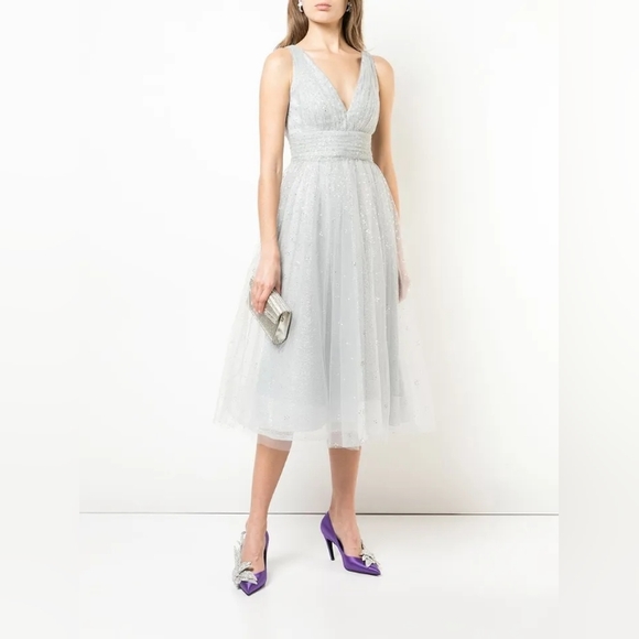 NWT MARCHESA NOTTE Glitter Tulle V-Neck Empire Waist A-Line Dress 8 Silver - Picture 7 of 12
